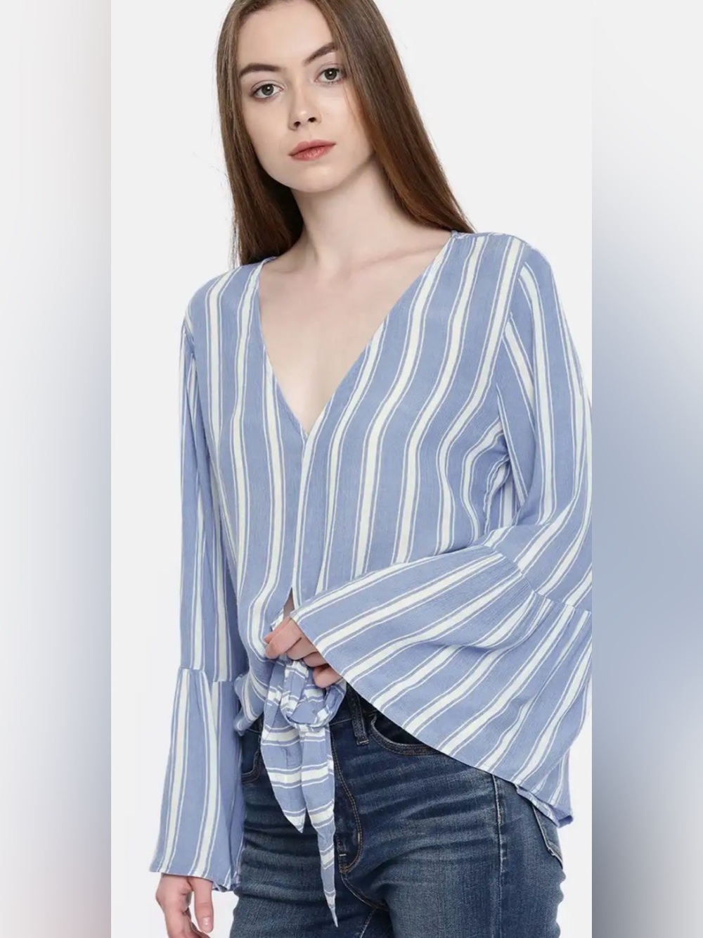American Eagle Outfitters Striped Bell Sleeved Tie Front Top